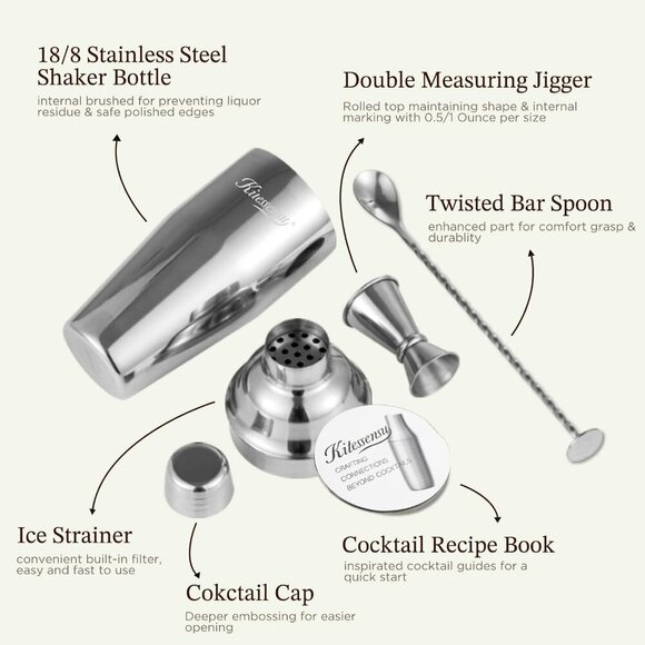 Cocktail Shaker, 24oz Drink Shaker with Bartender Strainer, Measuring Jigger, Ba - Picture 3 of 9